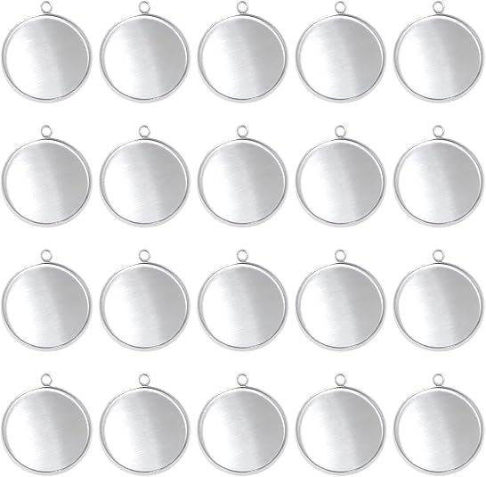 Resin Art Store - 20個のステンレス鋼ラウンドベゼルブランクペンダントトレイ、イヤリング、ブレスレット、ネックレス、キーホルダー、DIYクラフト、樹脂ガラスカボショ用