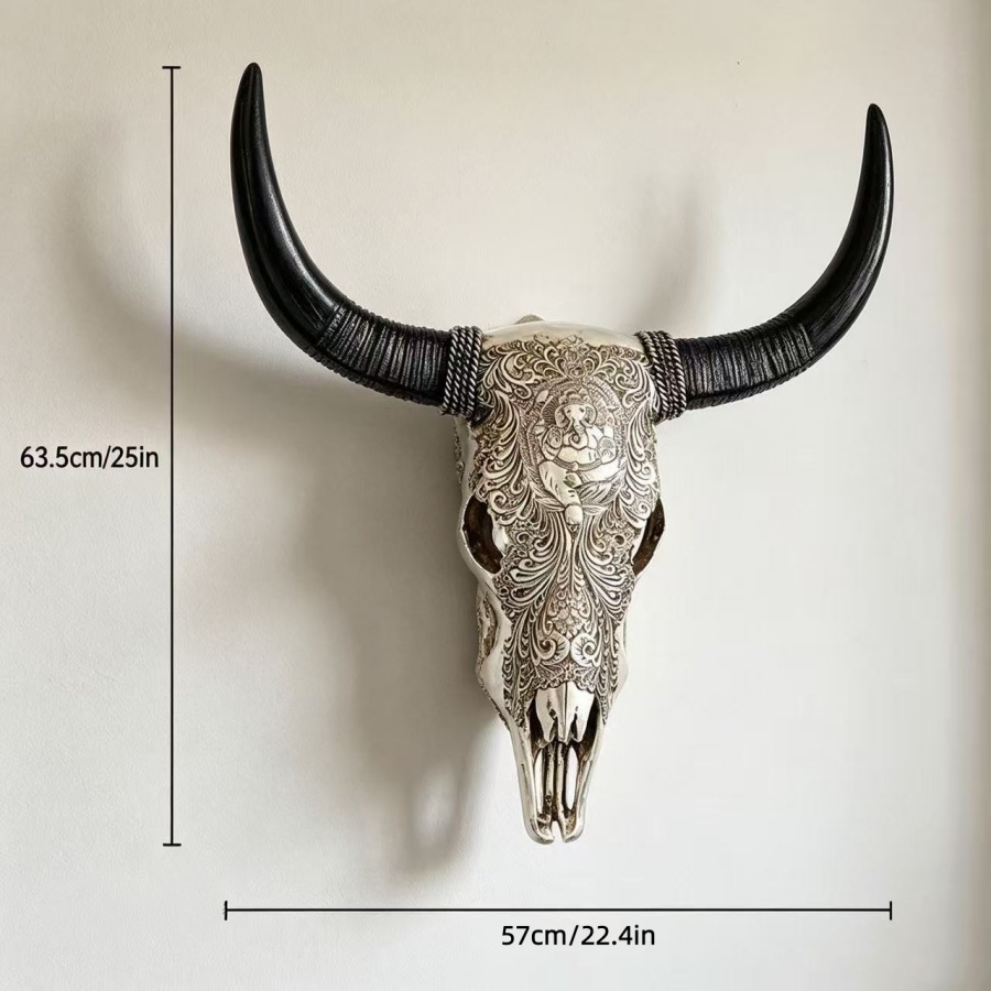 Resin Art Furniture - 彫刻された雄牛の頭蓋骨の壁飾り、ガネーシャ模様の樹脂製ロングホーン牛の頭蓋骨、ボヘミアン・ウェスタンスタイルの家の装飾品