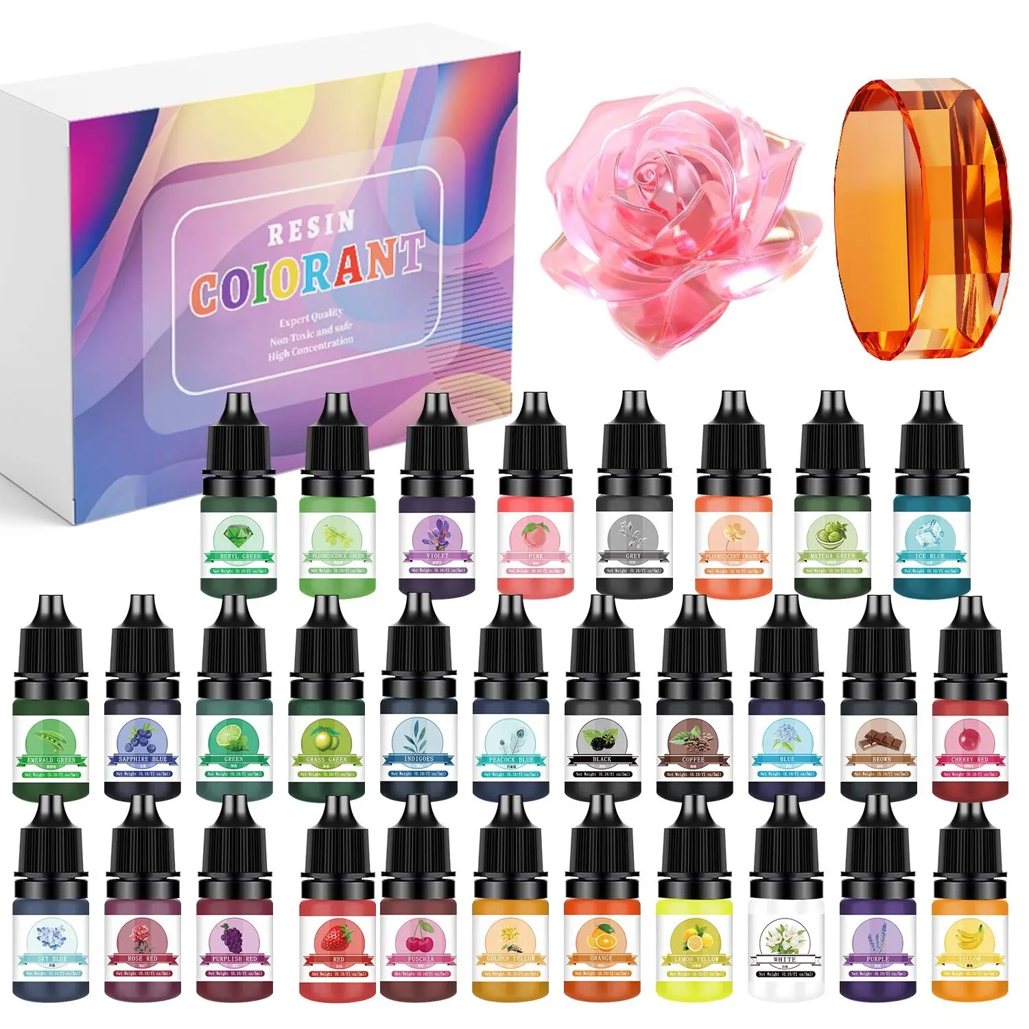 Resin Art Letters - 30色 5ml エポキシ樹脂顔料キット 液体着色剤 DIY UVエポキシ樹脂型