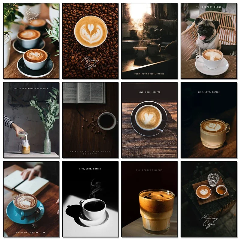 Resin Art Quote - ヴィンテージモーニングコーヒーコーヒーポスターとプリントダイヤモンド絵画ウォールアートコーヒー引用句HD写真リビングルームカフェデコ用