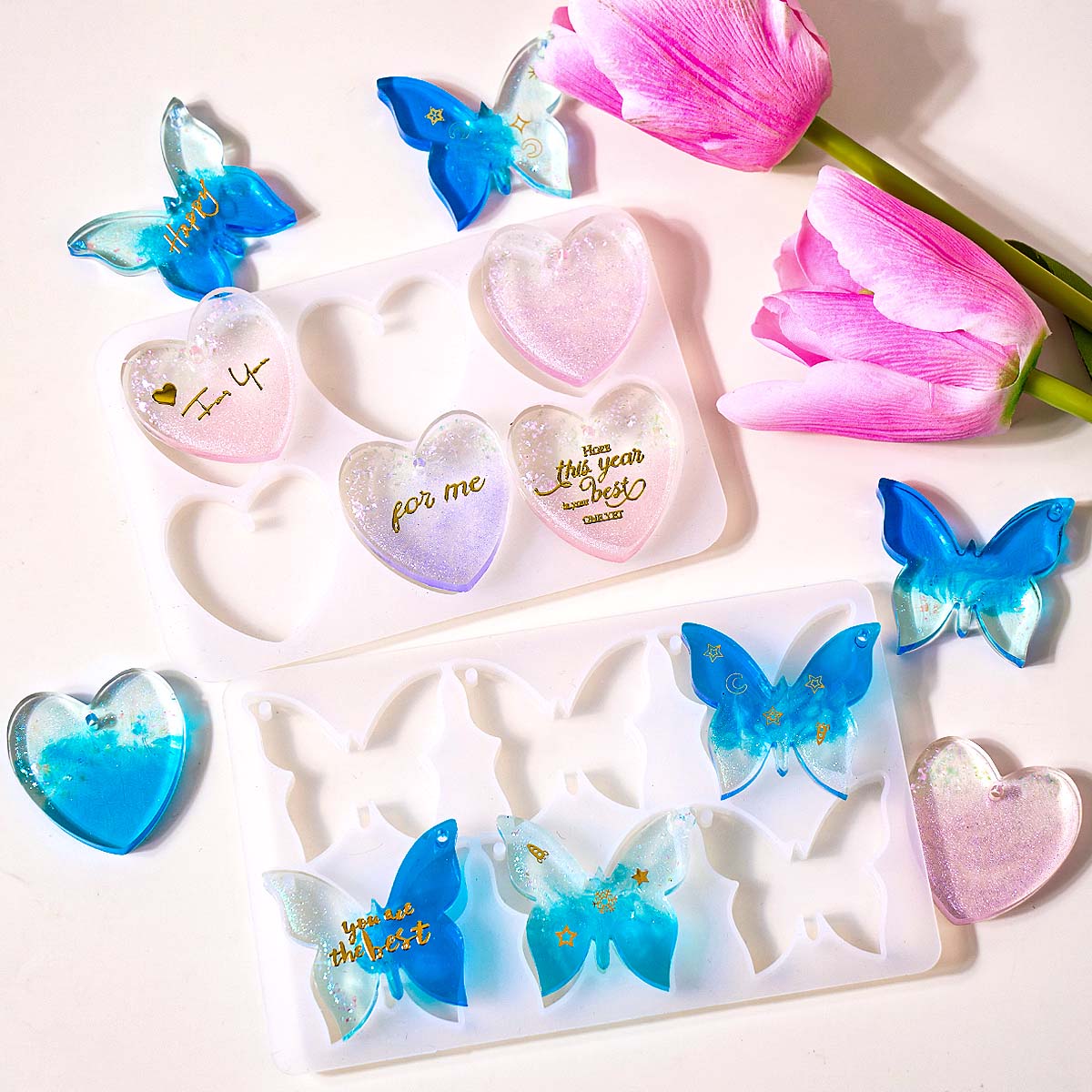 6穴付きイヤリングシリコンモールドDIYハート蝶形エポキシ樹 - Resin Art Letters のレビューと価格